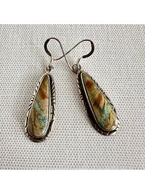 Signed J Navajo Sterling Royston Ribbon Turquoise Dangle Earrings 1.75"